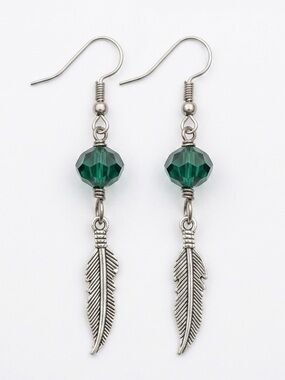 Boho Silver Feather Dangle Earrings with Teal Crystal Beads